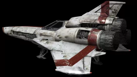 HD PC desktop wallpaper featuring a detailed Colonial Viper spaceship from the sci-fi TV show Battlestar Galactica (2003).