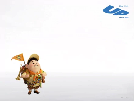 Cheerful Russell from Pixar's Up stands proudly with a flag in hand, embodying adventure and friendship against a minimalist background. A vibrant desktop wallpaper for fans.