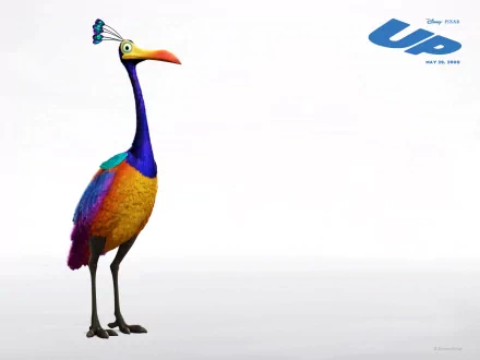 A vibrant, colorful representation of Kevin, the bird from Pixar's Up, stands against a white background, capturing the charm of this beloved Disney movie.
