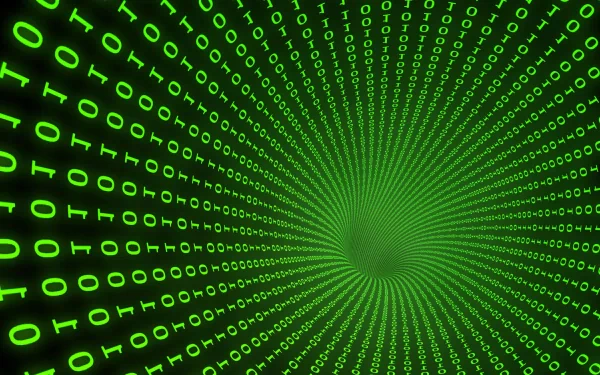 A HD desktop wallpaper featuring a mesmerizing swirl of green binary code, encapsulating a modern technological theme with a dynamic vortex effect.