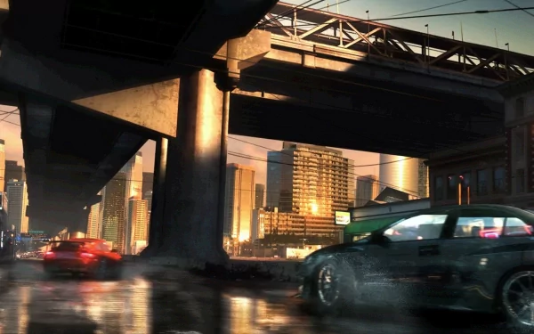 HD PC desktop wallpaper and background from the video game Need for Speed: Undercover — rainy dusk city underpass with two speeding cars and reflective wet road beneath a golden skyline.