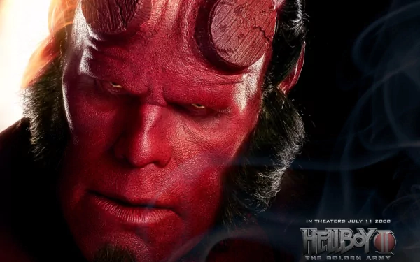 Close-up of Hellboy from the movie Hellboy II: The Golden Army, showcasing his iconic red skin and distinct features in this HD desktop wallpaper.