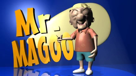 3D cartoon depiction of Mr. Magoo, the funny old detective from the classic TV show, set against a bright blue background with bold yellow text.