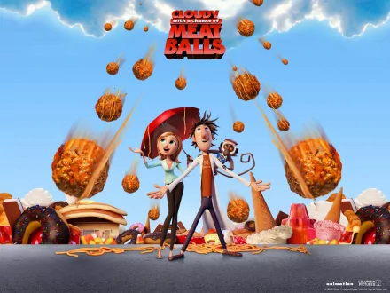 A vibrant HD wallpaper featuring Sam Sparks and Flint Lockwood from Cloudy with a Chance of Meatballs, surrounded by food falling from the sky, with Steve the Monkey by their side.