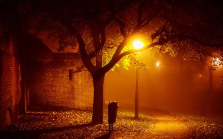 HD PC desktop wallpaper: foggy night street lit by a man-made lamp post, warm orange glow through trees and over wet leaves beside a brick wall.