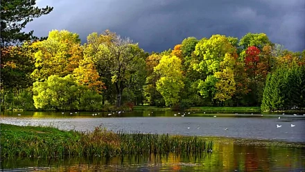 HD PC desktop wallpaper featuring a vibrant autumn landscape with colorful trees and a calm lake under a dark, cloudy sky.