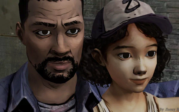 An HD desktop wallpaper featuring characters from the video game The Walking Dead: Season 1, showcasing a close-up of Lee and Clementine as they navigate a post-apocalyptic world.