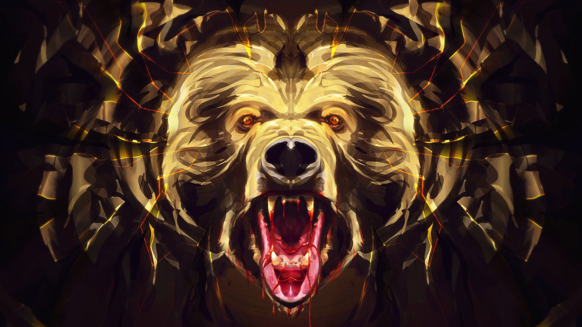 Artistic HD desktop wallpaper featuring a fierce, roaring bear rendered with dynamic, abstract brushstrokes, embodying intensity and power in a dark, textured style.
