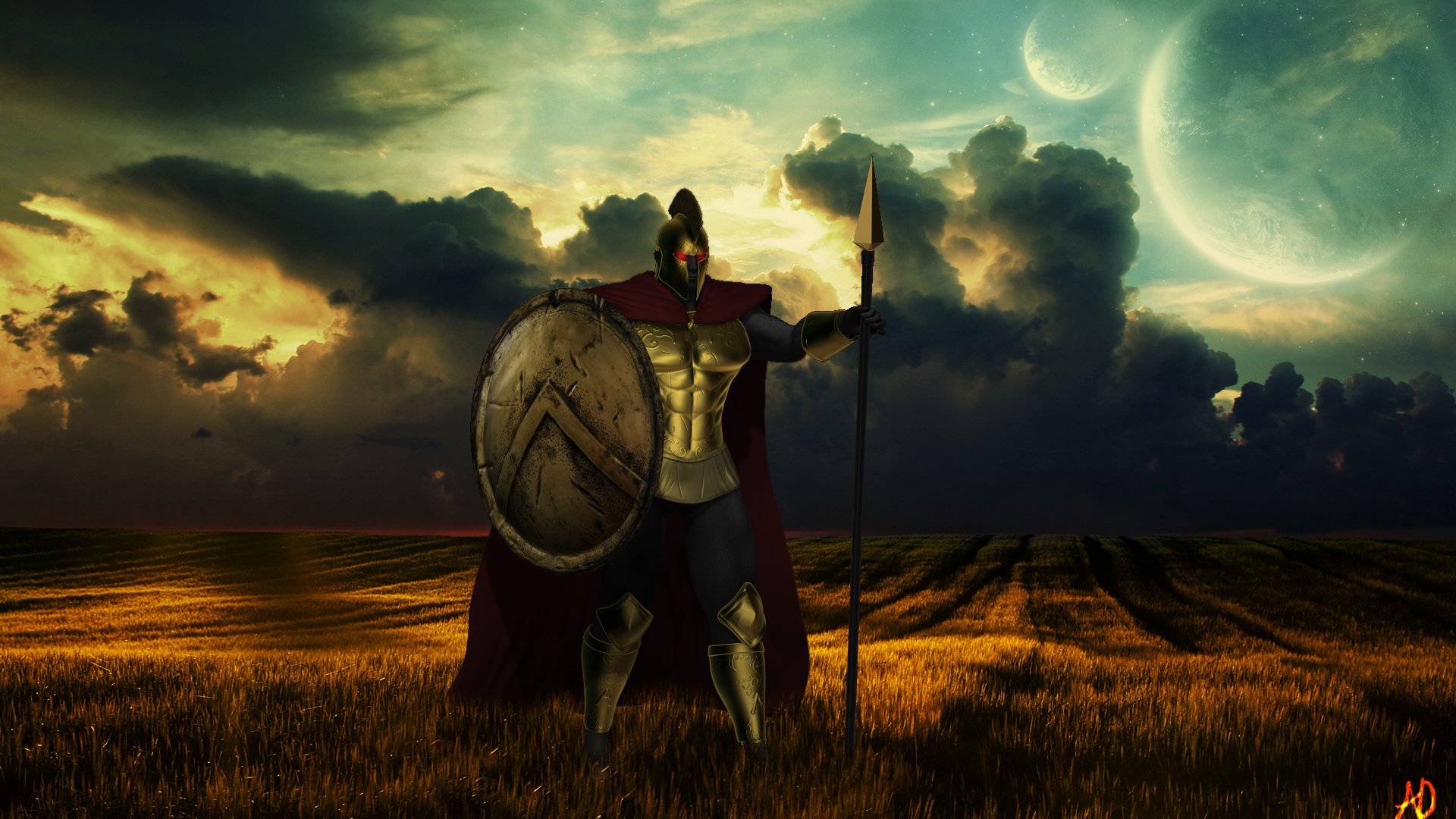 HD PC desktop wallpaper featuring Pantheon from League of Legends, standing with spear and shield in a dramatic field under a cloudy sky and glowing moon.