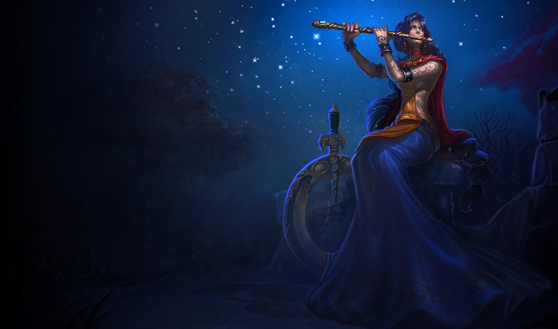 HD PC desktop wallpaper featuring Soraka from League of Legends playing a flute under a starry night sky in a video game-themed setting.
