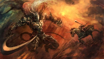 HD PC desktop wallpaper from the video game Darksiders, depicting an intense battle scene between a heavily armored warrior and a mounted opponent amid a fiery, chaotic background.