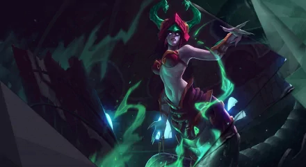 HD desktop wallpaper featuring Cassiopeia from League of Legends, showcasing her snake-like form amid glowing green magical effects in a dark, mystical setting.