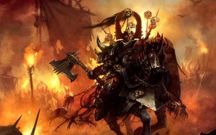 HD desktop wallpaper background depicting a fierce warrior in armor on horseback amid a fiery battle scene, inspired by the video game Warhammer Online: Age of Reckoning.