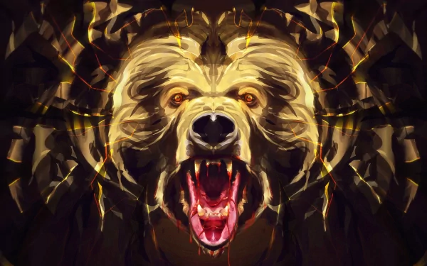 Artistic HD desktop wallpaper featuring a fierce, roaring bear rendered with dynamic, abstract brushstrokes, embodying intensity and power in a dark, textured style.