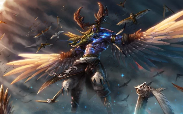 HD PC desktop wallpaper featuring a winged character from the video game World of Warcraft: Mists of Pandaria, surrounded by birds in a dramatic, dynamic scene.