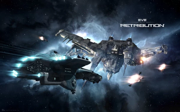 HD PC desktop wallpaper of EVE Online: Retribution — dramatic space battle with a large capital ship and smaller frigate exchanging fire against a glowing nebula backdrop (video game art).