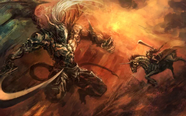 HD PC desktop wallpaper from the video game Darksiders, depicting an intense battle scene between a heavily armored warrior and a mounted opponent amid a fiery, chaotic background.