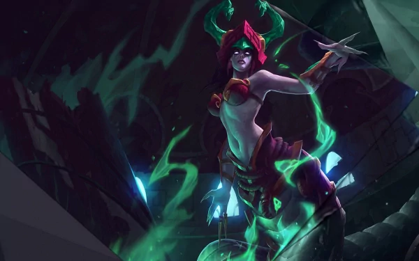 HD desktop wallpaper featuring Cassiopeia from League of Legends, showcasing her snake-like form amid glowing green magical effects in a dark, mystical setting.