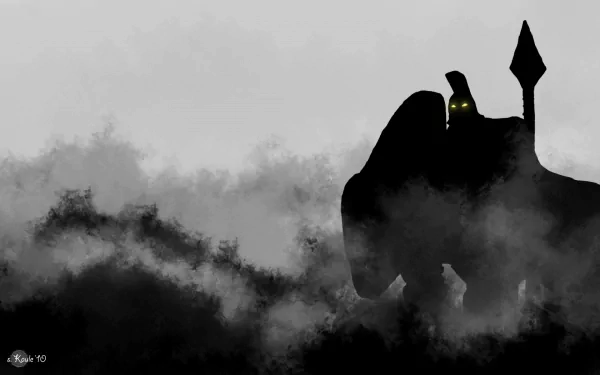 Silhouette of Pantheon (League of Legends) with glowing eyes and spear emerging from black mist — dramatic League of Legends video game HD PC desktop wallpaper/background