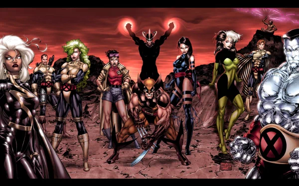 A dynamic 4K Ultra HD wallpaper featuring iconic X-Men characters, including Storm, Wolverine, Jubilee, Rogue, and others, captured in an intense comic book style against a dramatic background.