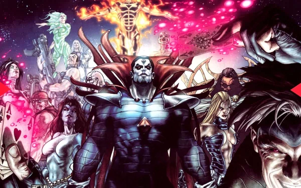 HD PC desktop wallpaper featuring characters from the X-Men: Messiah Complex comic, showcasing a dramatic and vibrant superhero lineup with intense colors and dynamic poses.
