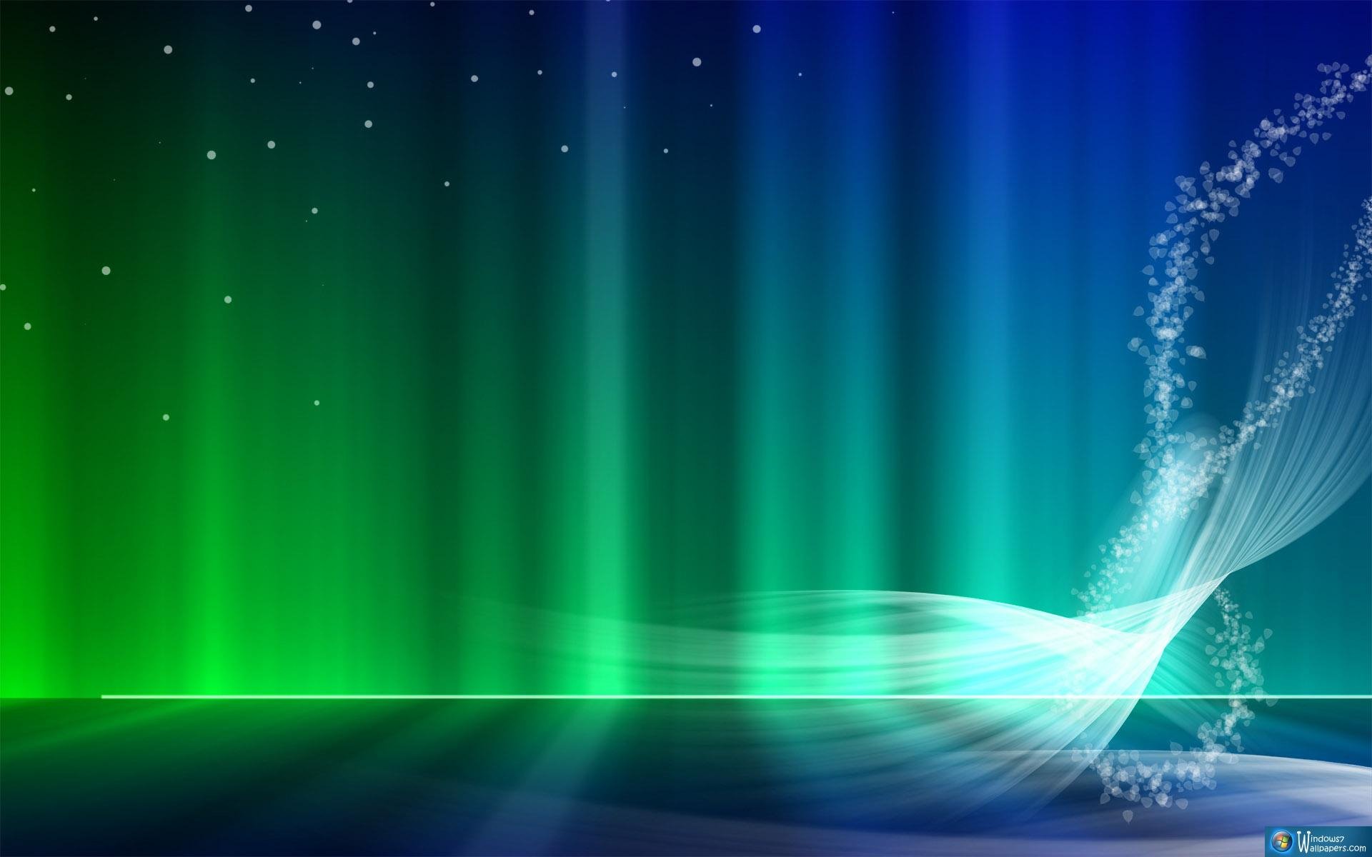 Vibrant HD PC desktop wallpaper featuring a glowing abstract light wave against a green and blue gradient backdrop inspired by Windows technology.