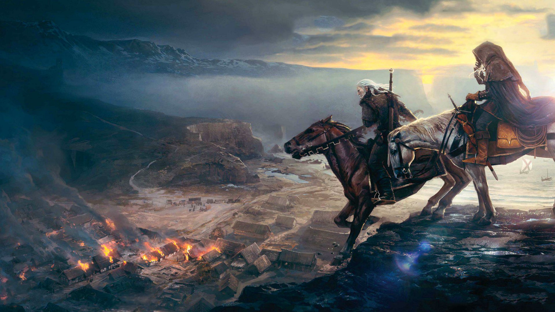 A stunning HD wallpaper from The Witcher 3: Wild Hunt, depicting Geralt on horseback overlooking a burning village against a dramatic sky. Adventure and intensity captured in a single image.