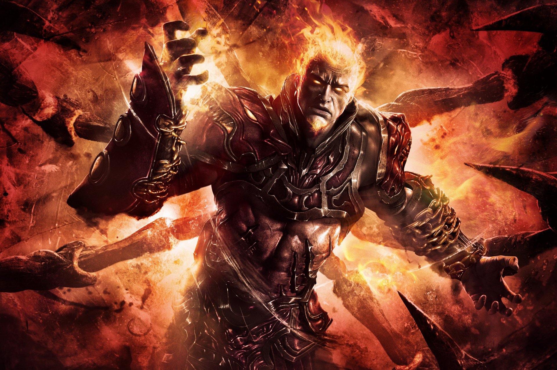 Fiery 2K Quad HD PC desktop wallpaper of Hades from the video game God of War: Ascension — armored, flaming god reaching forward amid erupting embers and shattered stone.