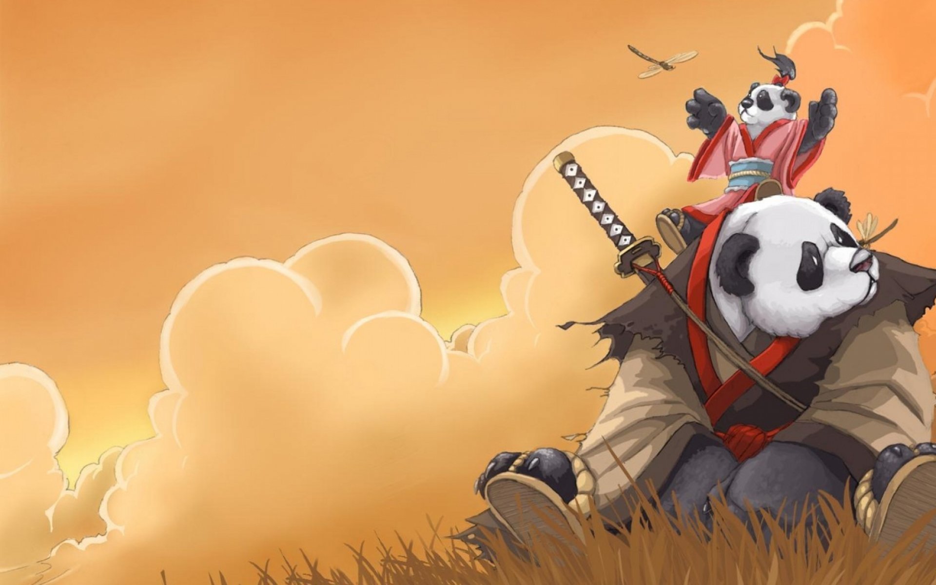 2K Quad HD PC desktop wallpaper from the video game World of Warcraft: Mists of Pandaria — two pandaren companions amid golden clouds and a grassy field.