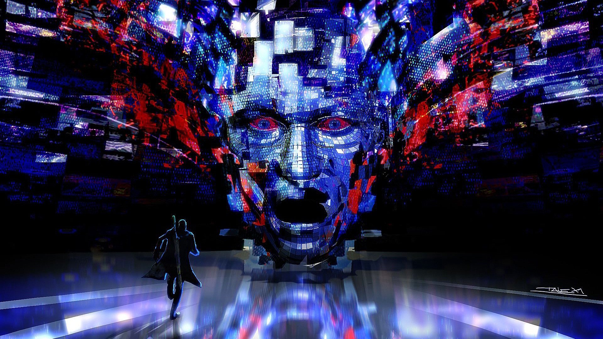 HD PC desktop wallpaper from the video game DmC: Devil May Cry featuring a character facing a massive digital face composed of fragmented blue and red visuals.
