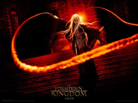 HD PC desktop wallpaper featuring a striking scene from the movie The Forbidden Kingdom with a character wielding fiery, glowing whips against a dark, red-hued backdrop.