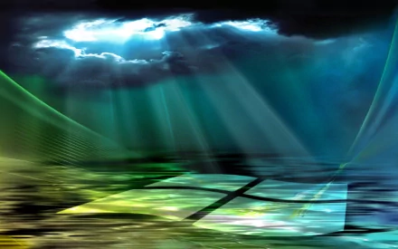 A vibrant HD PC desktop wallpaper featuring a stylized Windows logo amidst a surreal landscape of light and clouds, embodying modern technology and creativity.