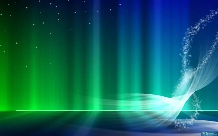 Vibrant HD PC desktop wallpaper featuring a glowing abstract light wave against a green and blue gradient backdrop inspired by Windows technology.