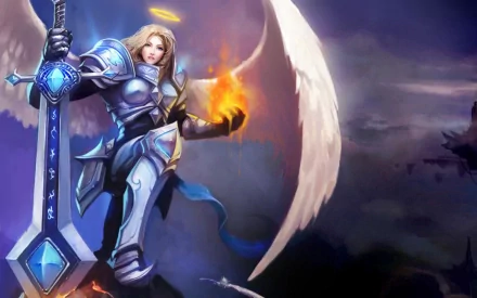 Kayle (League of Legends) video game 2K Quad HD PC desktop wallpaper: armored angelic champion with glowing sword, flaming hand and white wings against a stormy sky.