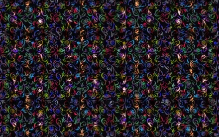 An intricate abstract pattern featuring vibrant swirls and floral elements against a dark background, designed as a high-definition PC desktop wallpaper and background.