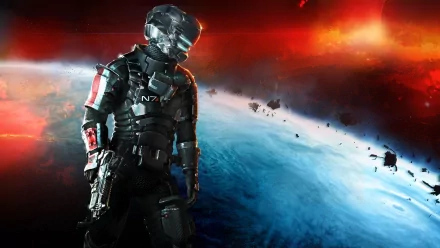 Isaac Clarke in his armored suit stands against a fiery space backdrop, featured in a Dead Space 3 HD PC desktop wallpaper.