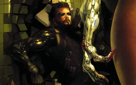 Deus Ex: Human Revolution comic-style HD PC desktop wallpaper — brooding Adam Jensen with glowing augmented arm and visor, set against a shattered tile background.
