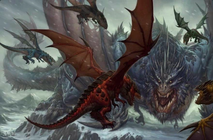 HD World of Warcraft desktop wallpaper featuring fierce dragons in a dynamic, snowy battle scene from the video game.