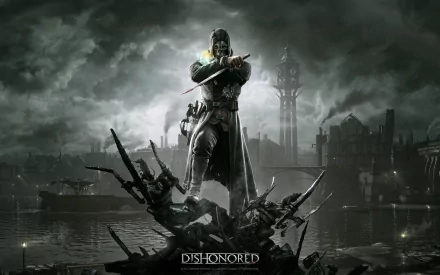 HD PC desktop wallpaper featuring Corvo Attano from the video game Dishonored, standing poised in a dark, atmospheric cityscape with a stormy sky.