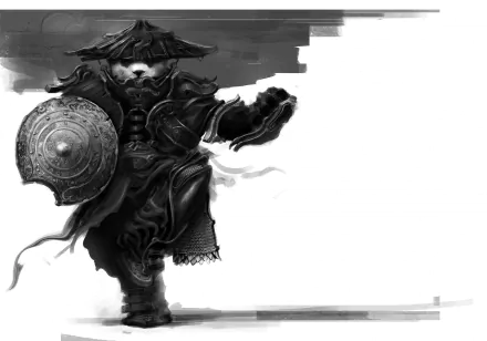 Grayscale HD PC desktop wallpaper of a Pandaren monk from the video game World of Warcraft: Mists of Pandaria — dynamic pose with straw hat, shield and flowing robes.