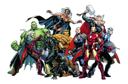 A vibrant 4K wallpaper featuring iconic Marvel characters, including Black Panther, Storm, Captain America, Thor, Iron Man, and Hulk, standing united in action-packed poses.