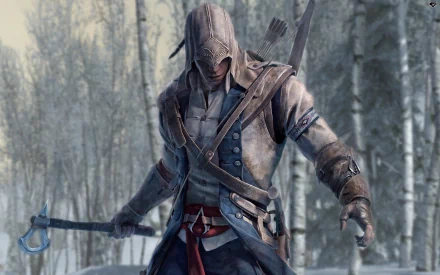 A striking HD wallpaper featuring Connor from Assassin's Creed III, poised with a weapon in a snowy forest, capturing the essence of the iconic video game series.