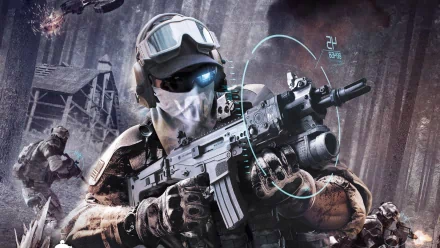 HD PC desktop wallpaper: Tom Clancy's Ghost Recon: Future Soldier — masked futuristic soldier in tactical gear aims an assault rifle with a digital HUD overlay amid ruined urban battlefield.