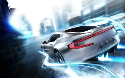HD PC desktop wallpaper featuring a sleek silver sports car racing through a futuristic cityscape, inspired by the video game Asphalt 3D.