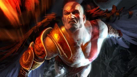 HD desktop wallpaper and background featuring a dynamic scene from the video game God of War II, showcasing a fierce character in armor with a red stripe, captured in an action pose.