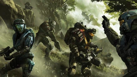 HD desktop wallpaper featuring characters from Halo: Reach, set against a dramatic backdrop of a rugged landscape and atmospheric clouds.