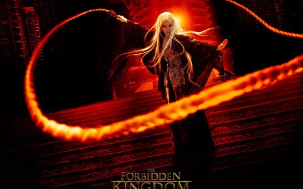 HD PC desktop wallpaper featuring a striking scene from the movie The Forbidden Kingdom with a character wielding fiery, glowing whips against a dark, red-hued backdrop.