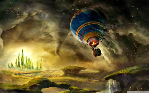 HD desktop wallpaper featuring a dramatic scene from the movie Oz the Great and Powerful with a hot air balloon flying over a magical landscape toward Emerald City.