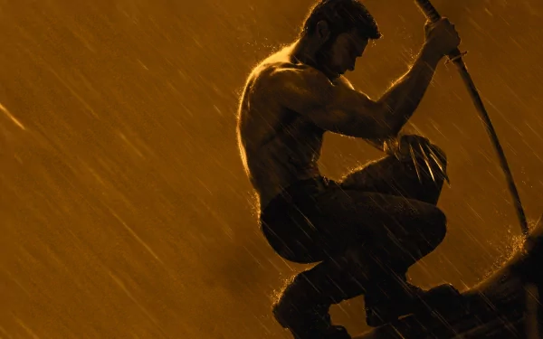A dramatic HD wallpaper from the movie The Wolverine, featuring the character in a crouched position, muscles highlighted against a moody, rain-soaked background.