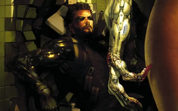 Deus Ex: Human Revolution comic-style HD PC desktop wallpaper — brooding Adam Jensen with glowing augmented arm and visor, set against a shattered tile background.